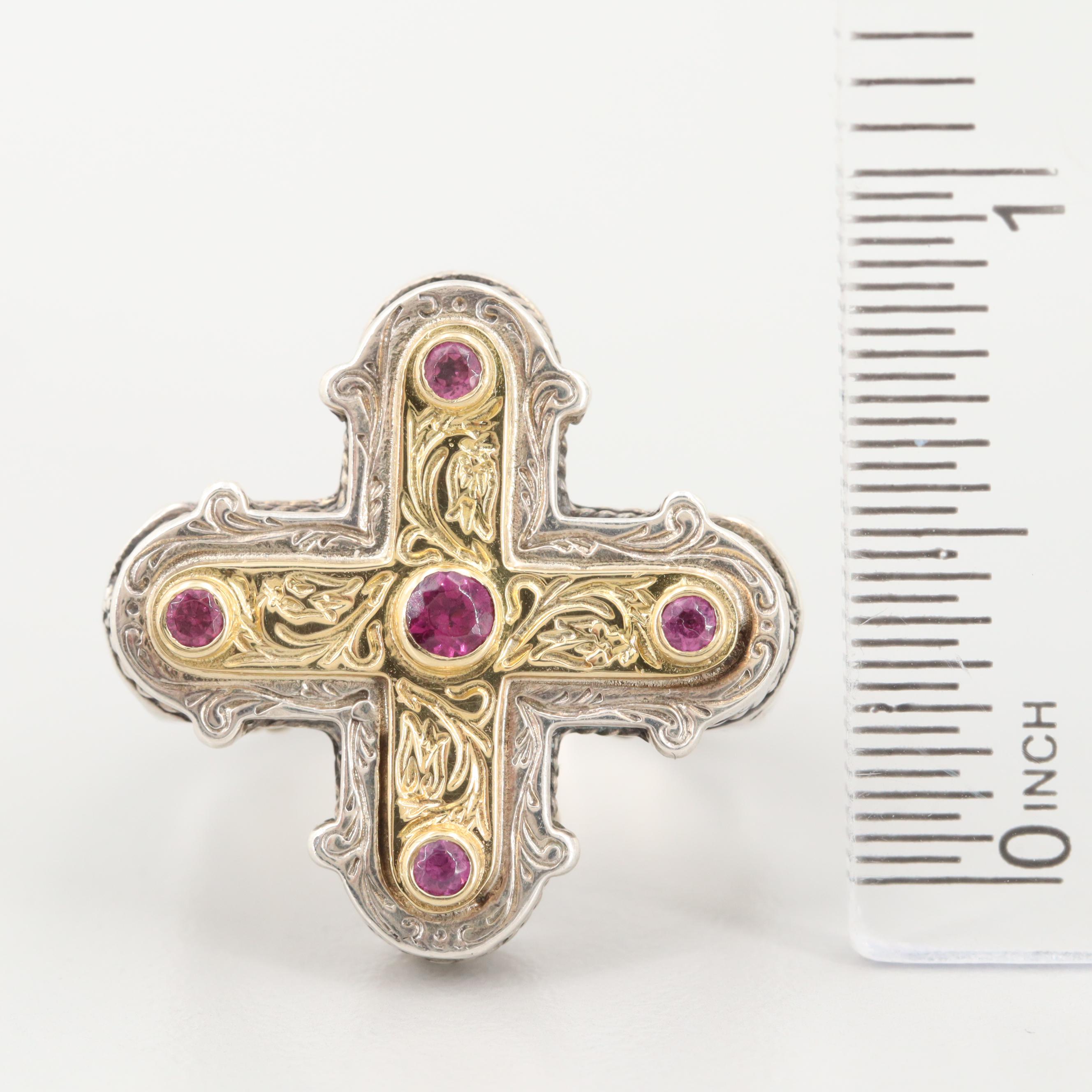 Konstantino Sterling Silver Cross Ring with 18K Yellow Gold and Rhodolite Garnet