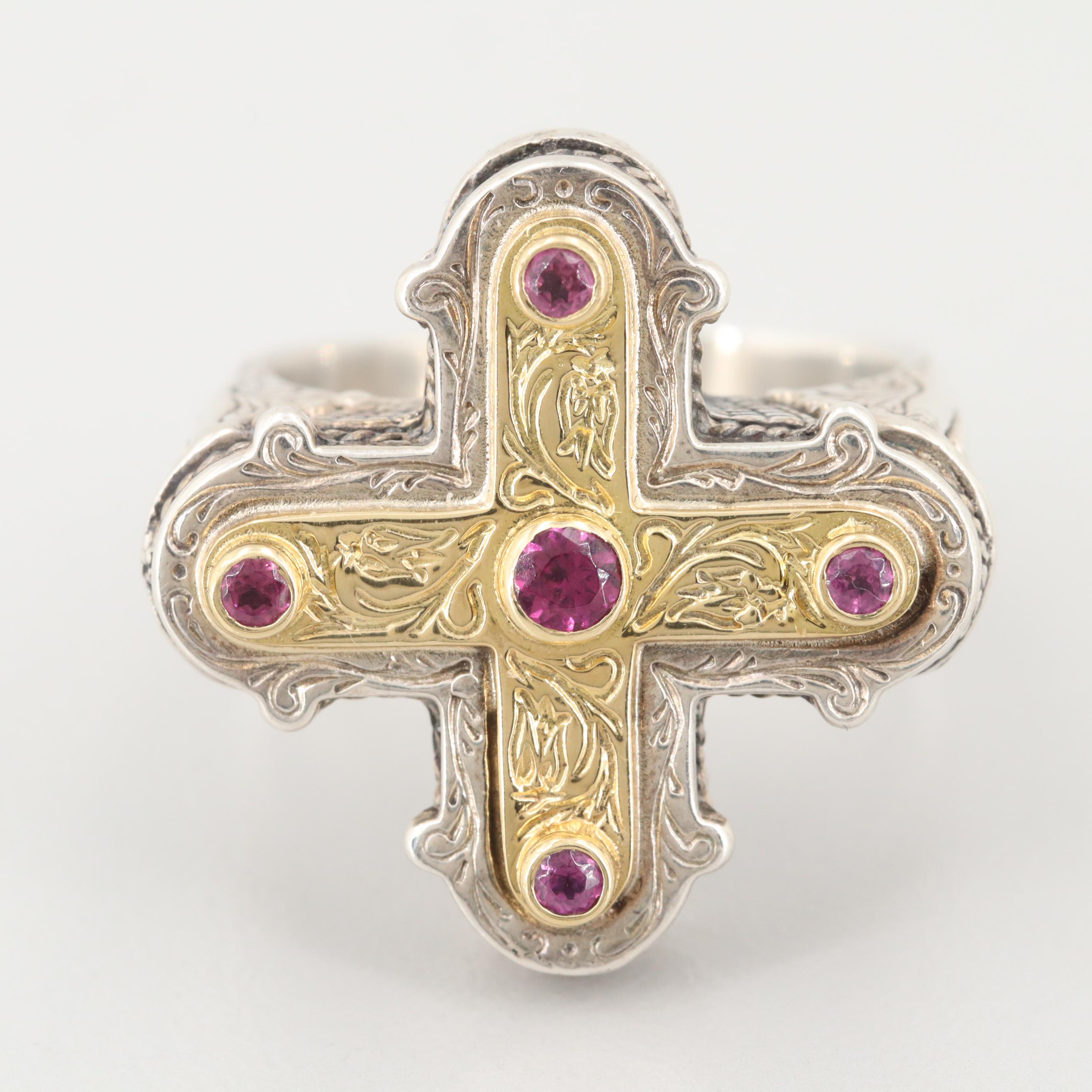 Konstantino Sterling Silver Cross Ring with 18K Yellow Gold and Rhodolite Garnet
