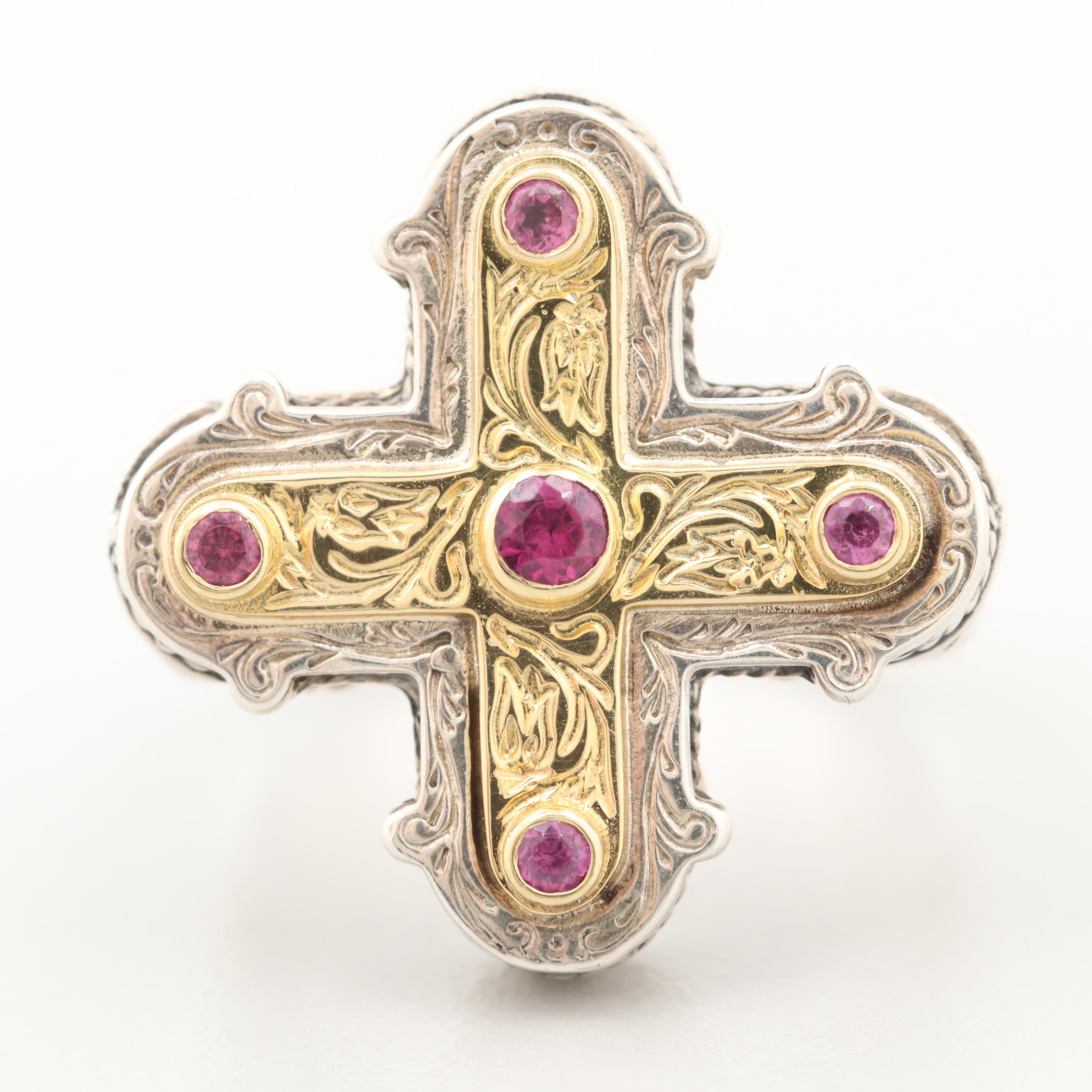Konstantino Sterling Silver Cross Ring with 18K Yellow Gold and Rhodolite Garnet