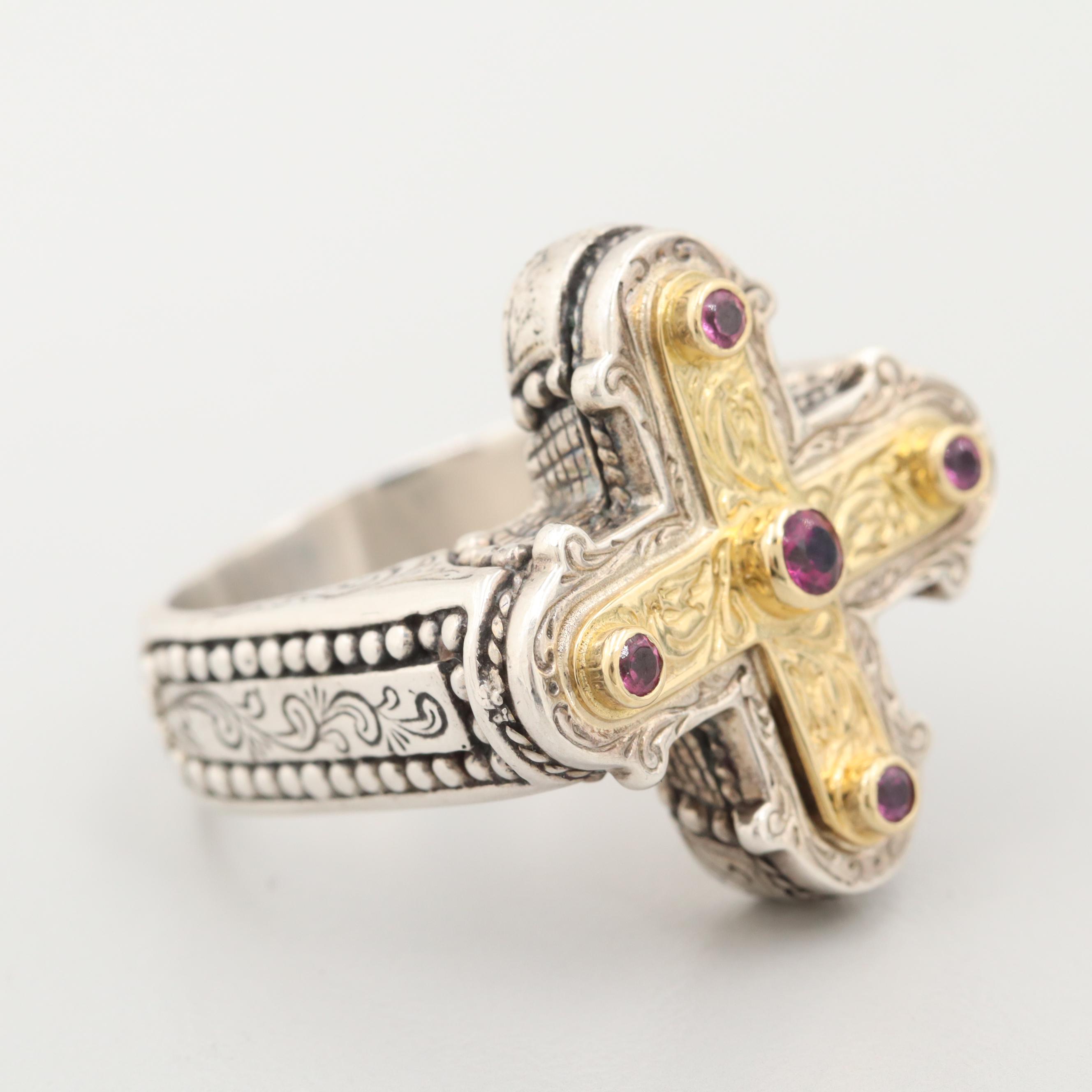 Konstantino Sterling Silver Cross Ring with 18K Yellow Gold and Rhodolite Garnet