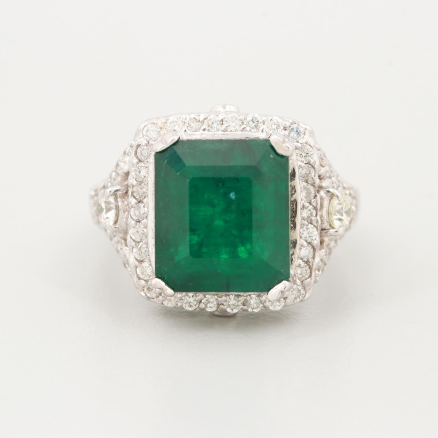 18K White Gold 5.07 CT Emerald and 1.07 CTW Diamond Ring