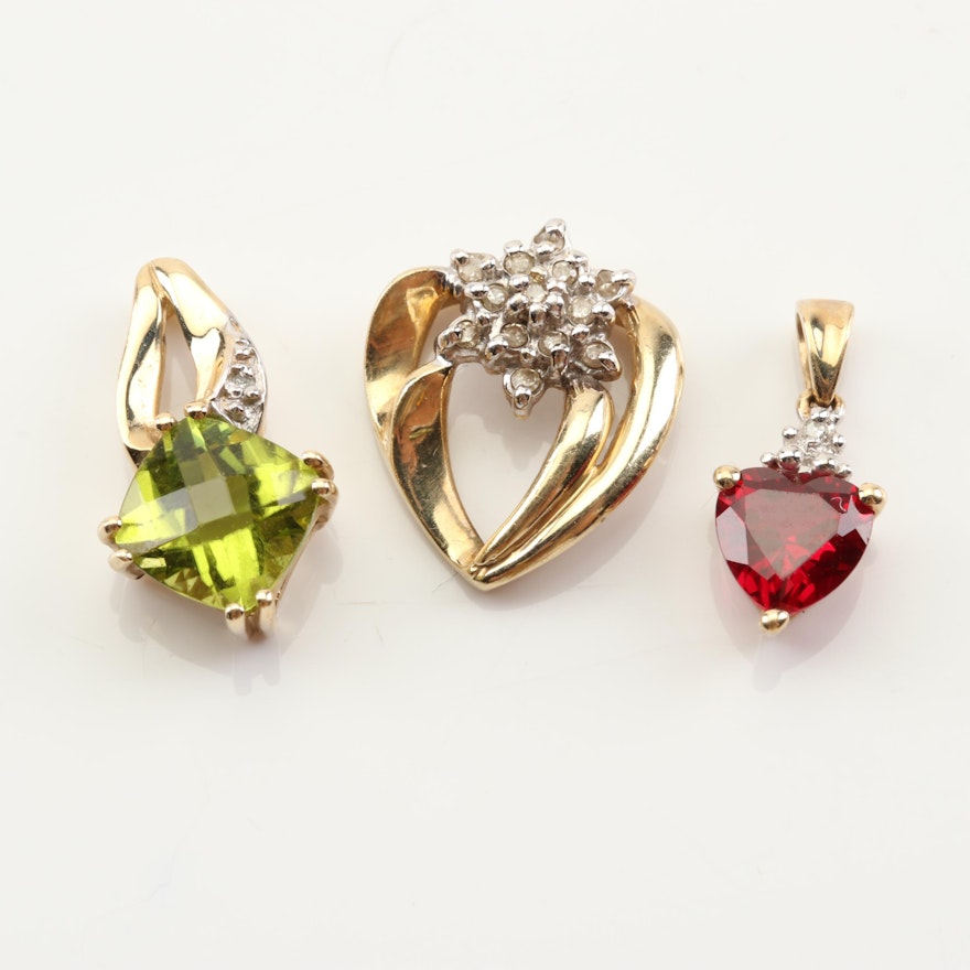 10K Yellow Gold 1.45 CT Peridot, Diamond and Synthetic Ruby Pendant Grouping