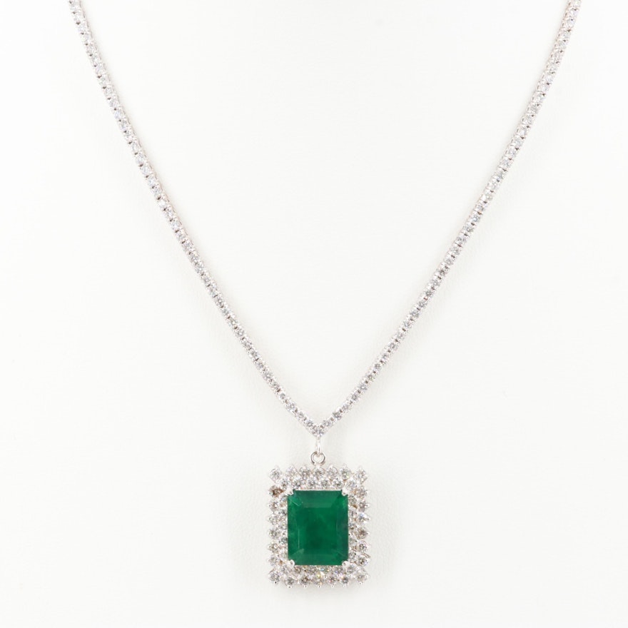 18K White Gold 5.39 CT Emerald and 4.72 CTW Diamond Necklace