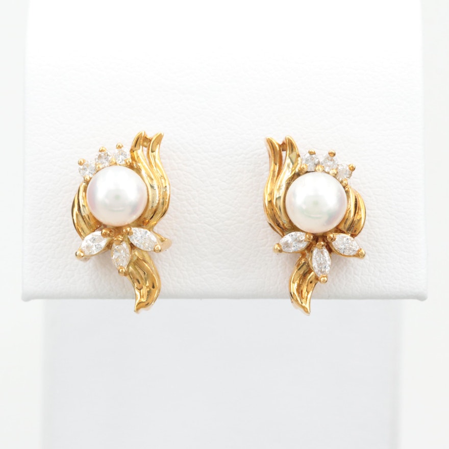 18K Yellow Gold Cultured Pearl and Diamond Earrings