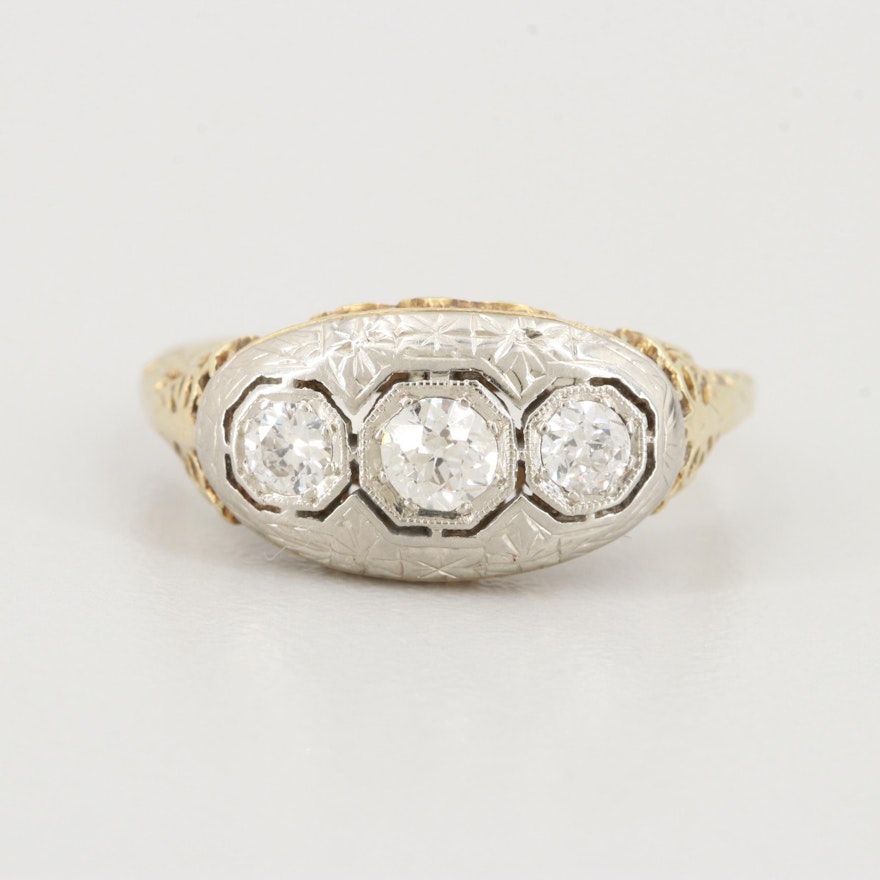 Circa 1930s 14K Yellow Gold Diamond Ring with 18K White Gold Mounting