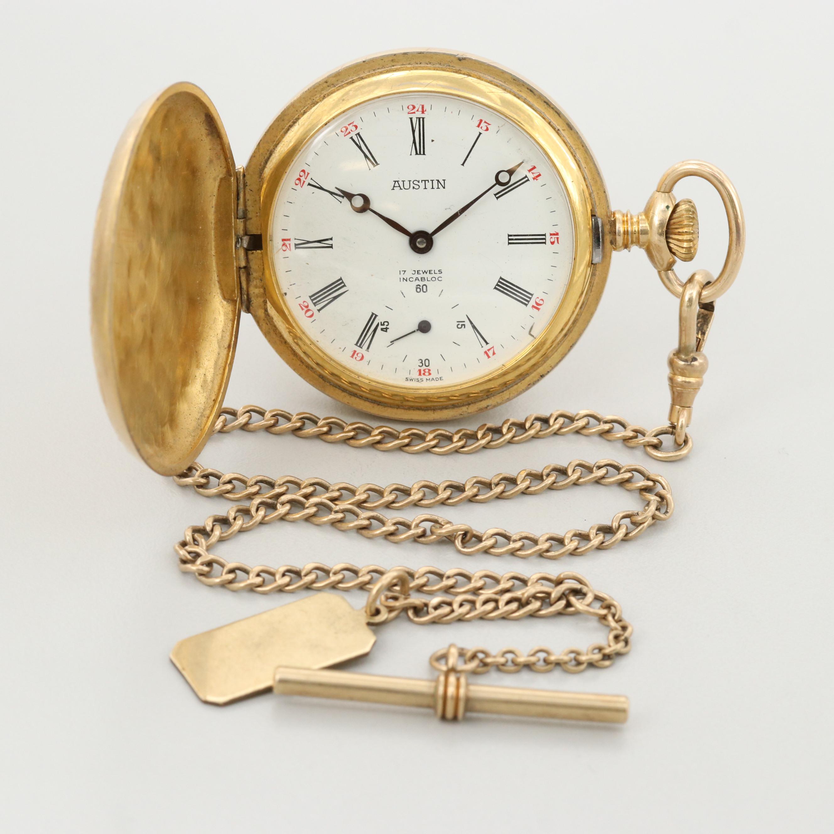 Vintage Swiss Austin Gold Tone Hunters Case Pocket Watch With Gold Filled Fob