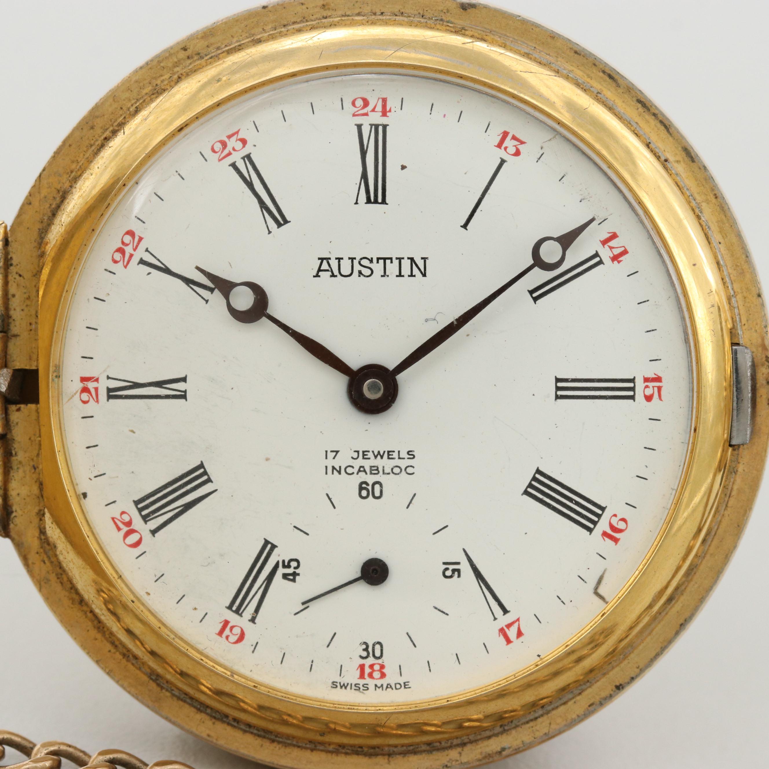 Vintage Swiss Austin Gold Tone Hunters Case Pocket Watch With Gold Filled Fob