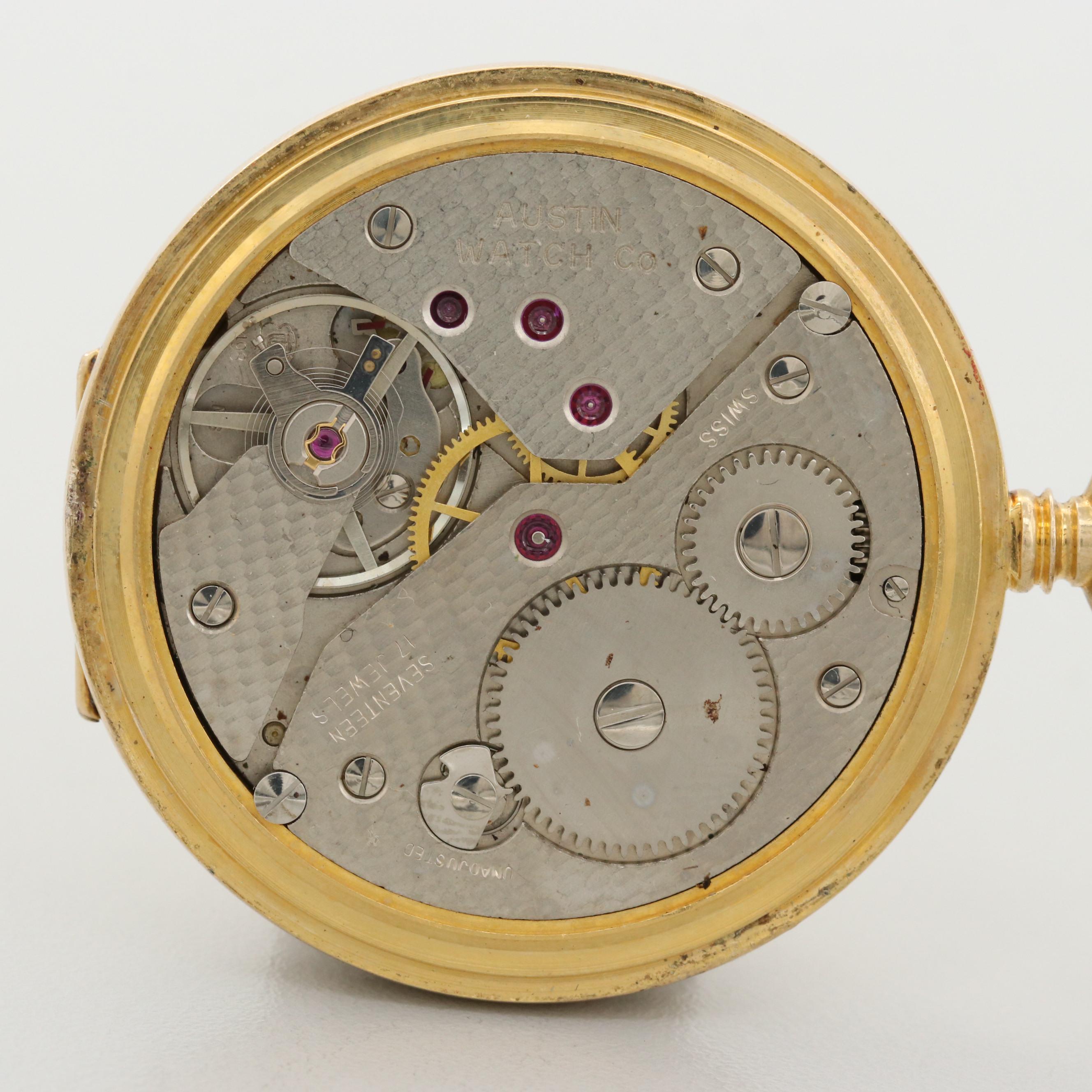 Vintage Swiss Austin Gold Tone Hunters Case Pocket Watch With Gold Filled Fob