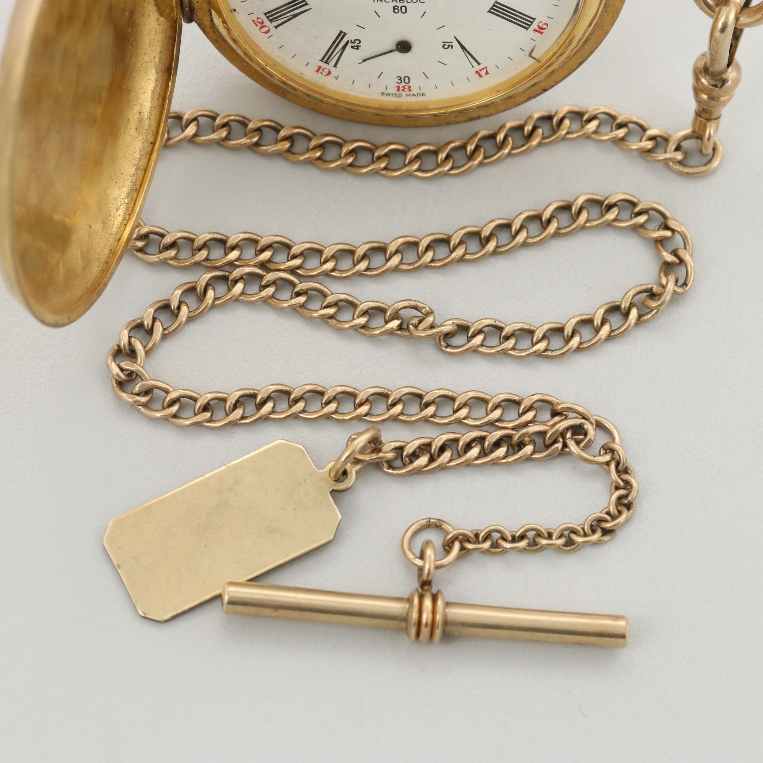 Vintage Swiss Austin Gold Tone Hunters Case Pocket Watch With Gold Filled Fob