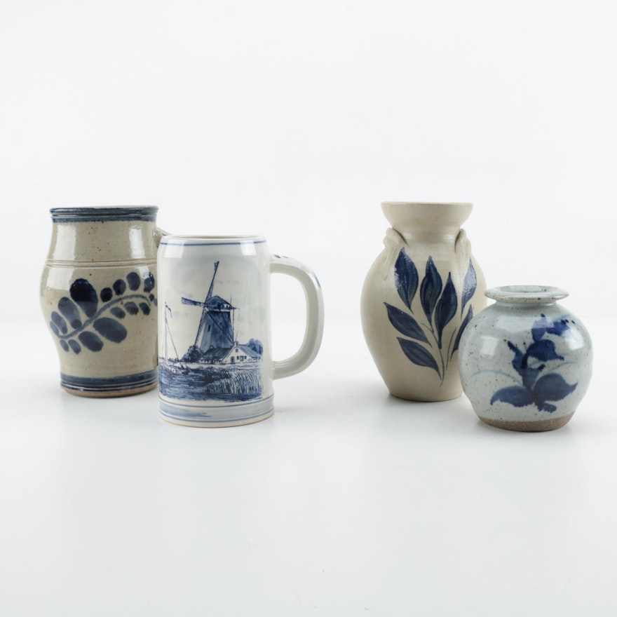 Thrown Stoneware Vessels with Hand-Painted Details Including Delft Blue
