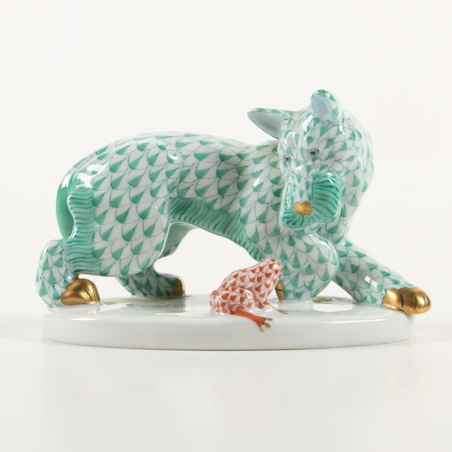 Herend Green and Rust Fishnet "Scottish Terrier with Frog" Porcelain Figurine