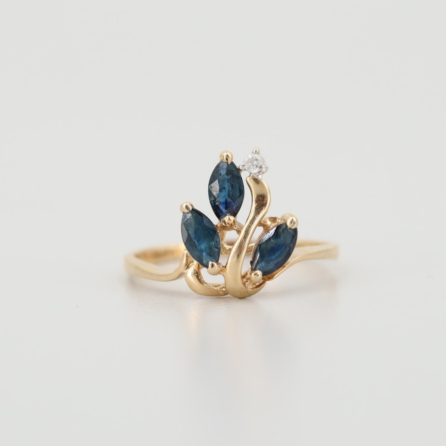 14K Yellow Gold Blue Sapphire and Diamond Ring