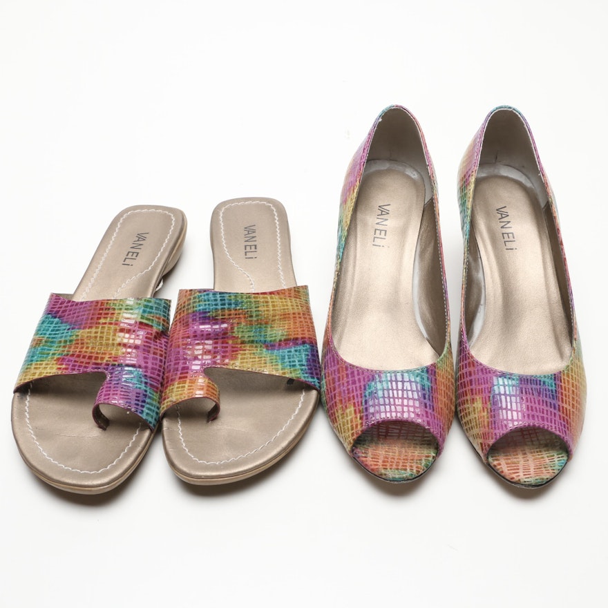 Vaneli Multicolor Leather Toe Loop Slides and Wedges