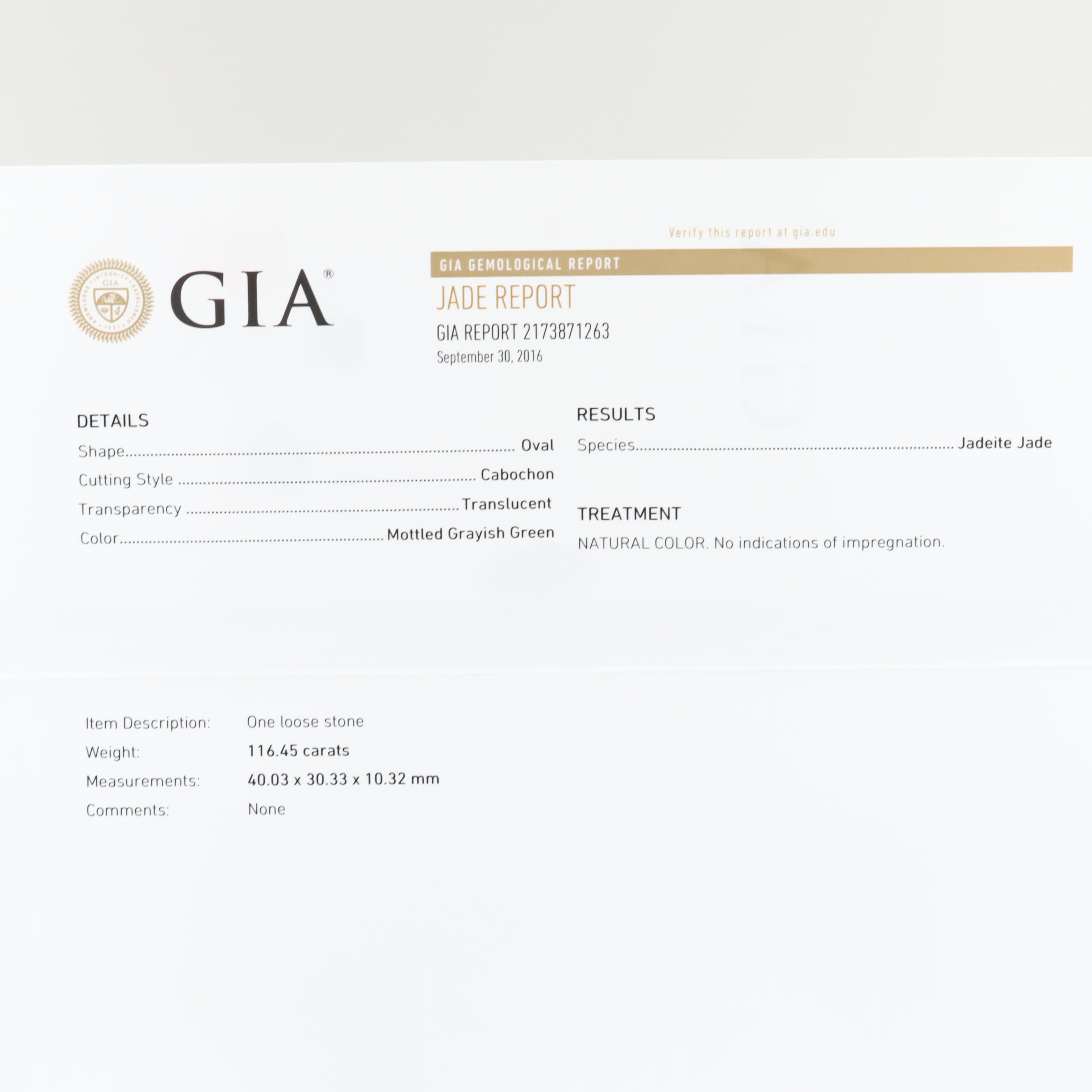 Loose 116.45 CT Jadeite Cabochon with GIA Report