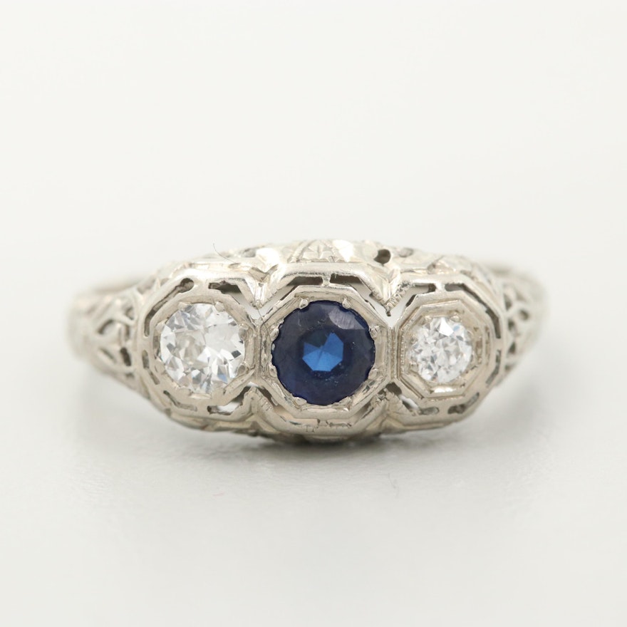 Vintage 18K White Gold Synthetic Sapphire and Diamond Ring