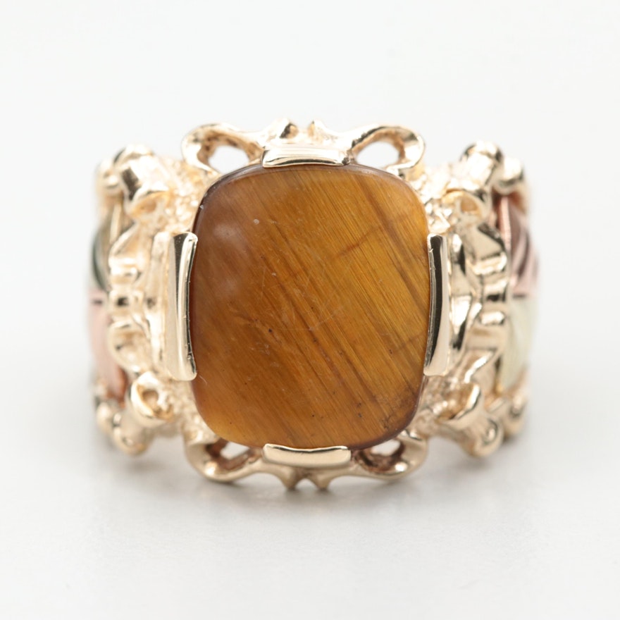 Coleman Co. 10K Yellow Gold Tiger's Eye Ring with Rose and Green Gold Accents