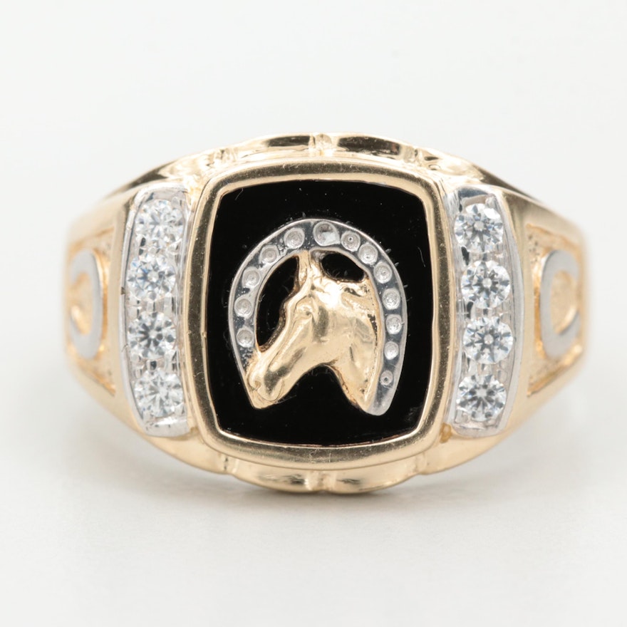 14K Yellow and White Gold Black Glass and Cubic Zirconia Equestrian Ring