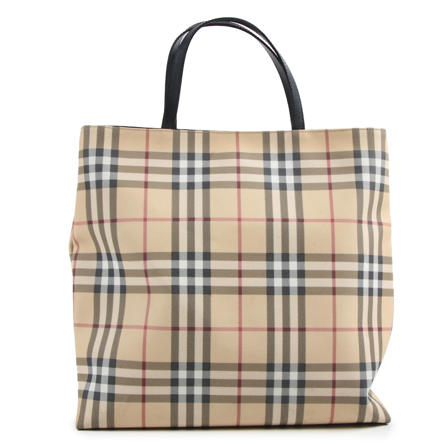 Burberry London "Nova Check" Tote in Coated Canvas with Leather