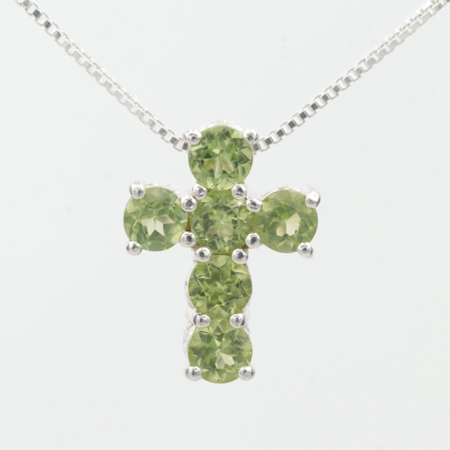 Sterling Silver Peridot Cross Pendant Necklace