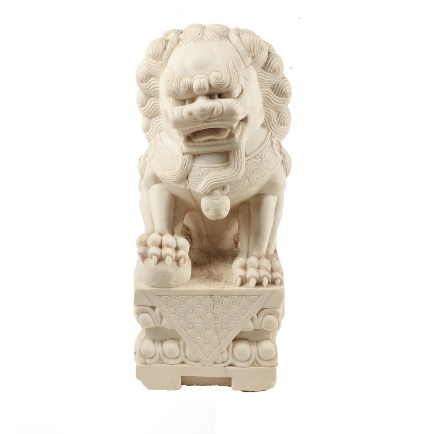 Carved Chinese Marble Guardian Lion Statue