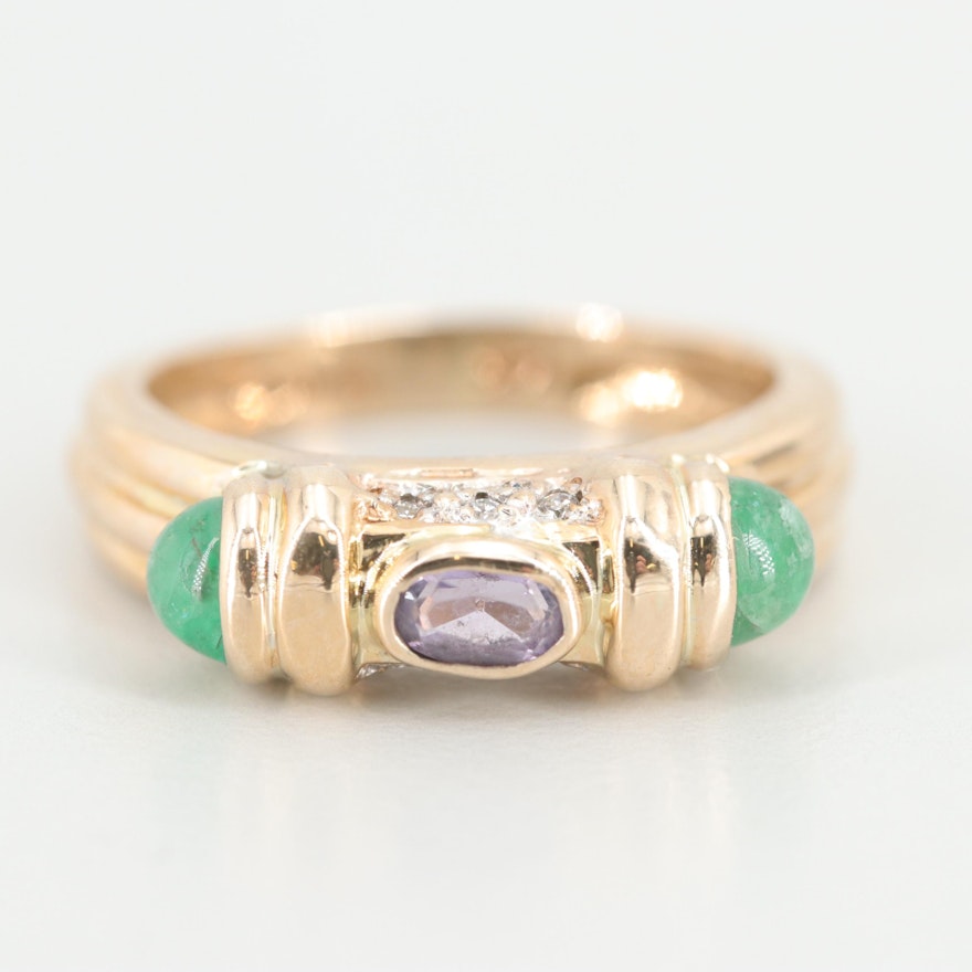 14K Yellow Gold Emerald, Amethyst, and Diamond Ring