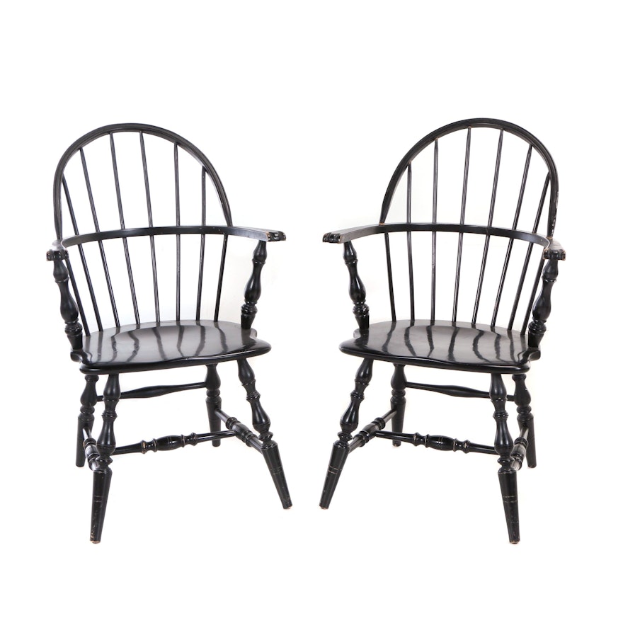 Two Ebonized Sack-Back Windsor Armchairs, 20th Century