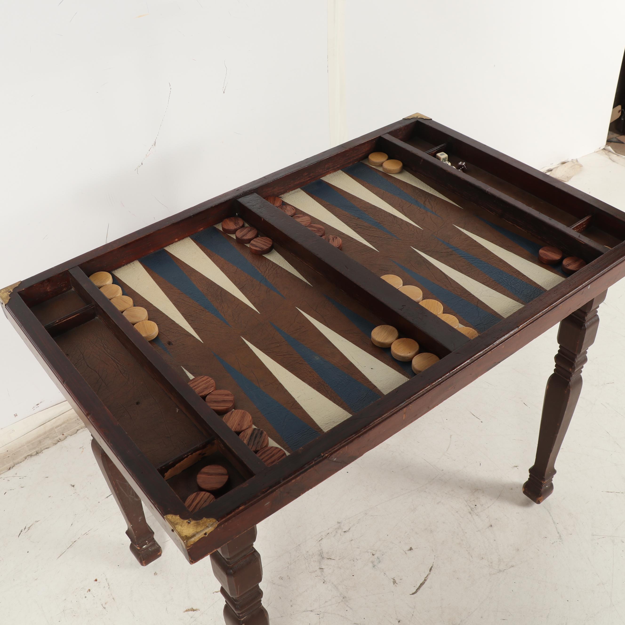 Wooden Backgammon Game Table with Game Pieces, Mid-Century