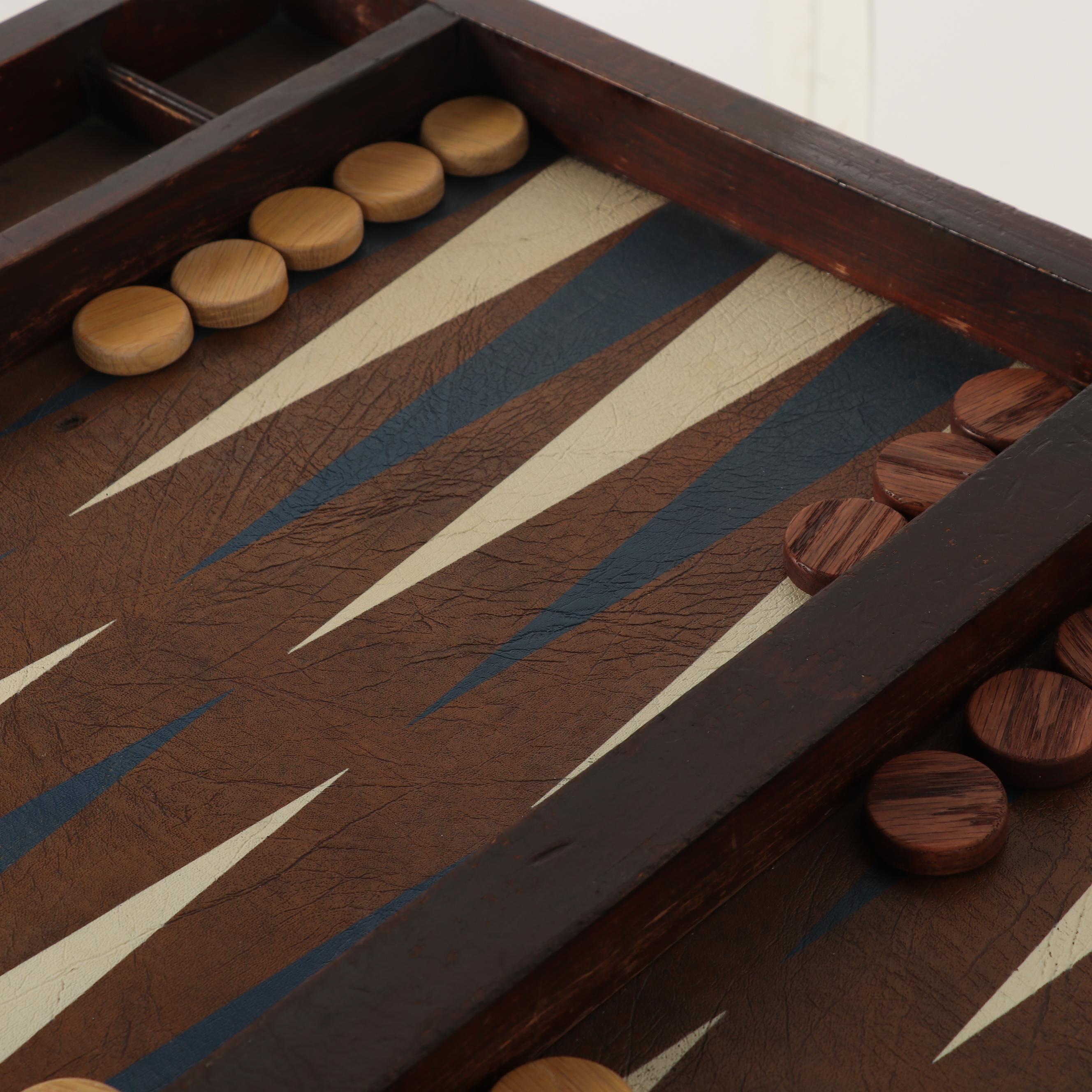 Wooden Backgammon Game Table with Game Pieces, Mid-Century