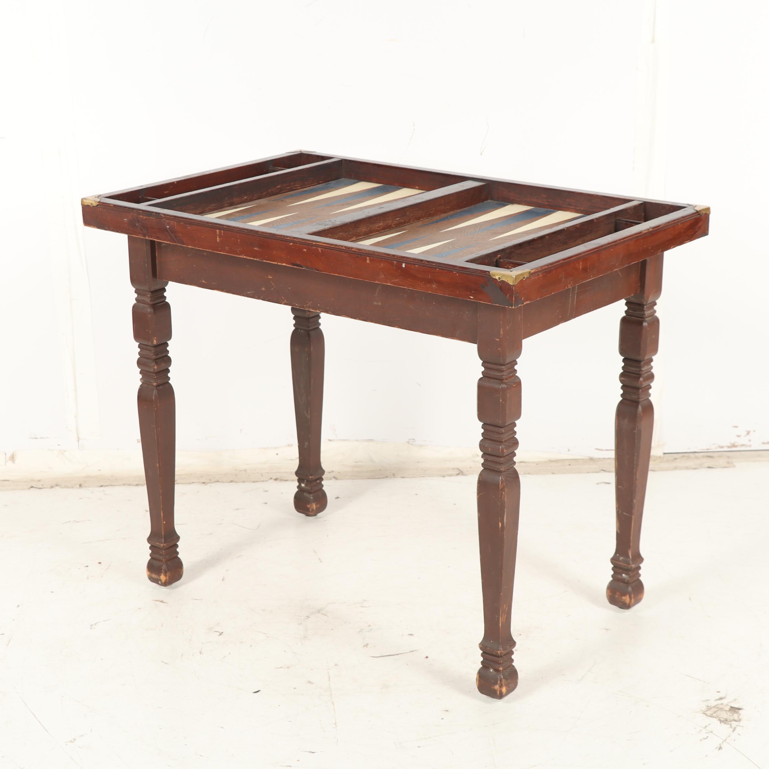 Wooden Backgammon Game Table with Game Pieces, Mid-Century
