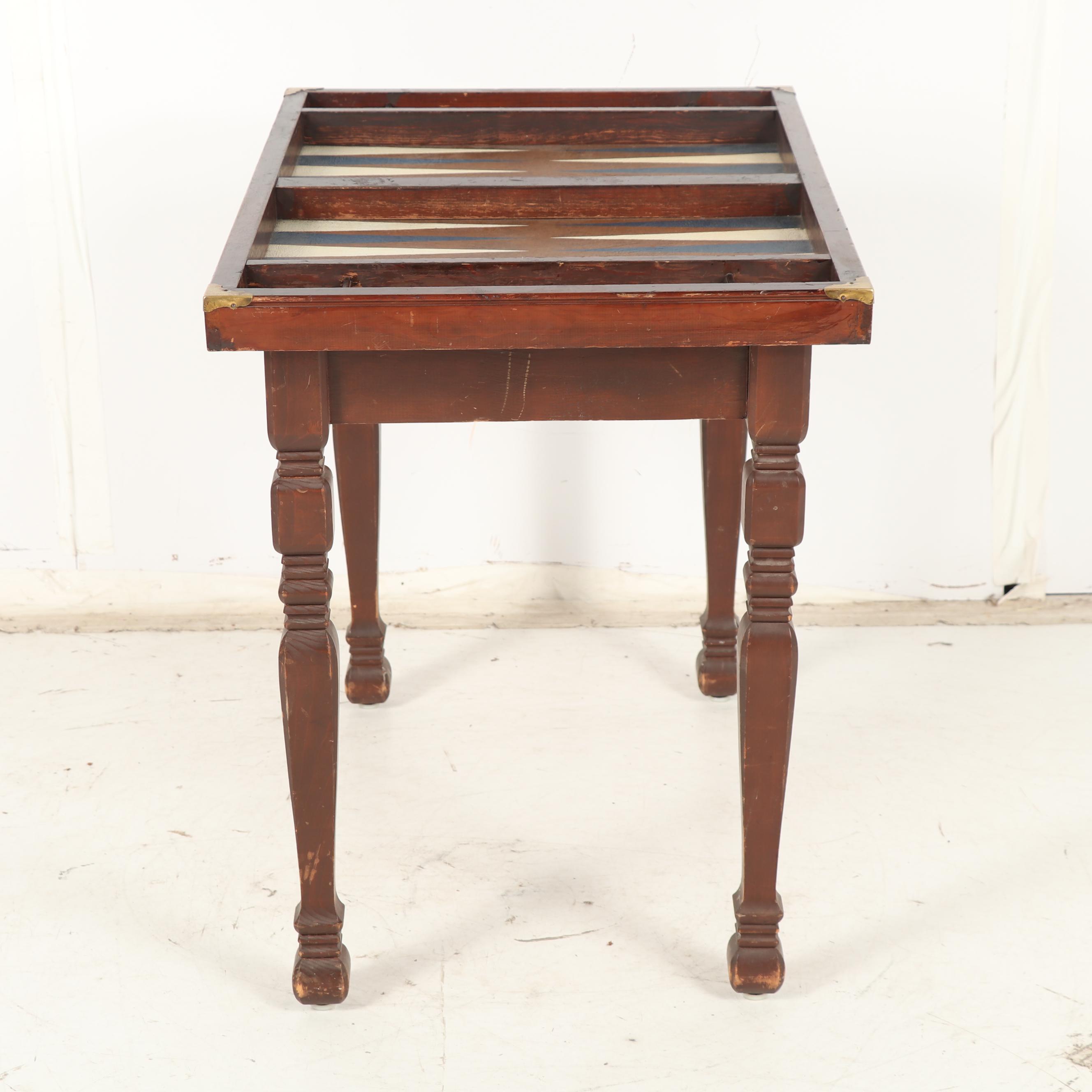 Wooden Backgammon Game Table with Game Pieces, Mid-Century