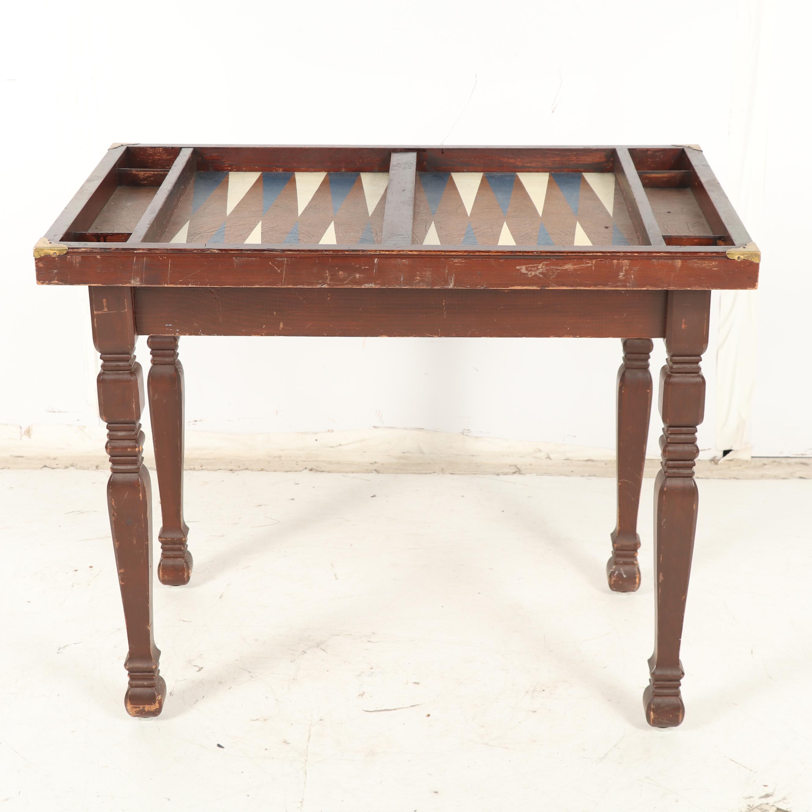 Wooden Backgammon Game Table with Game Pieces, Mid-Century