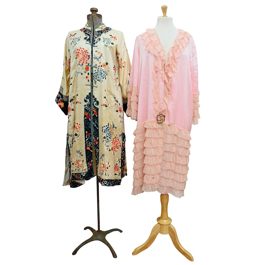 Chinese Embroidered Silk Robe and Lady Duff Ruffled Silk Robe, Vintage