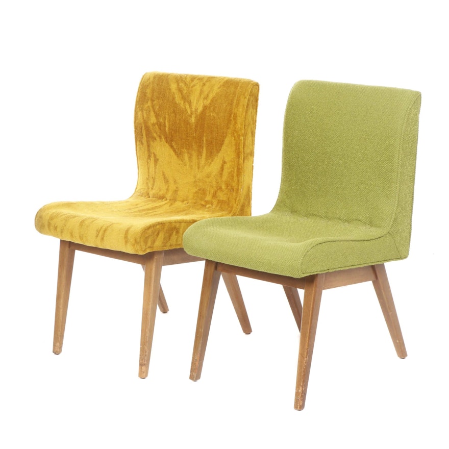 Two Modernist Chartreuse and Mustard-Upholstered Side Chairs, Mid 20th Century