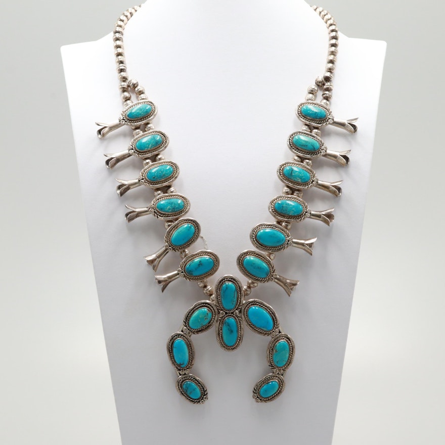 Southwestern Style Sterling Silver Turquoise Squash Blossom Necklace