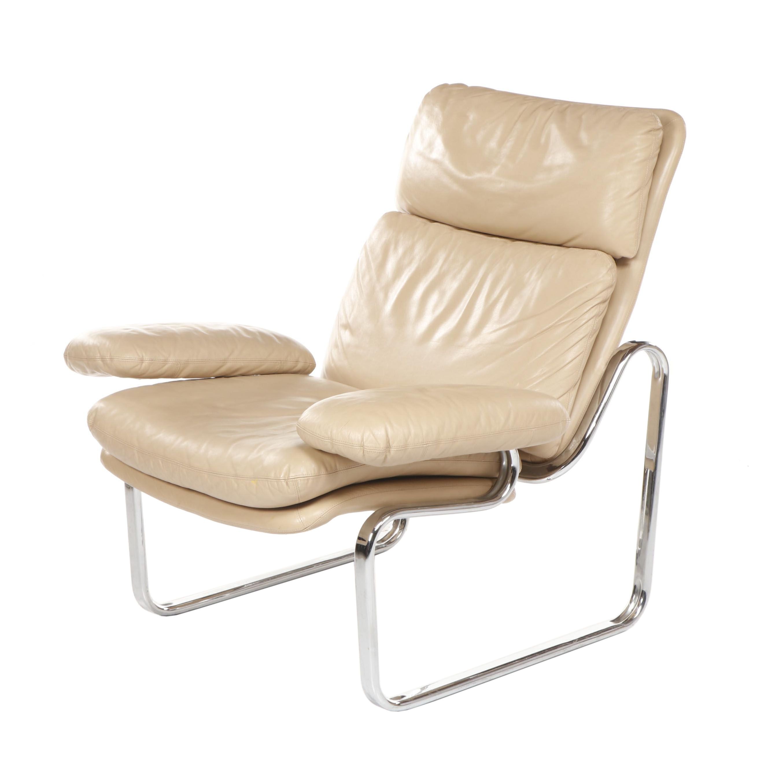 Thema Italy Chrome and Leather Lounge Chair Attributed to Gastone Rinaldi, 1970s