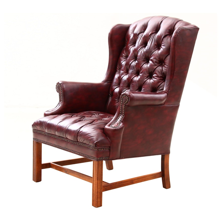 Contemporary Chippendale Style Bonded Leather, Button-Tufted Wingback Armchair