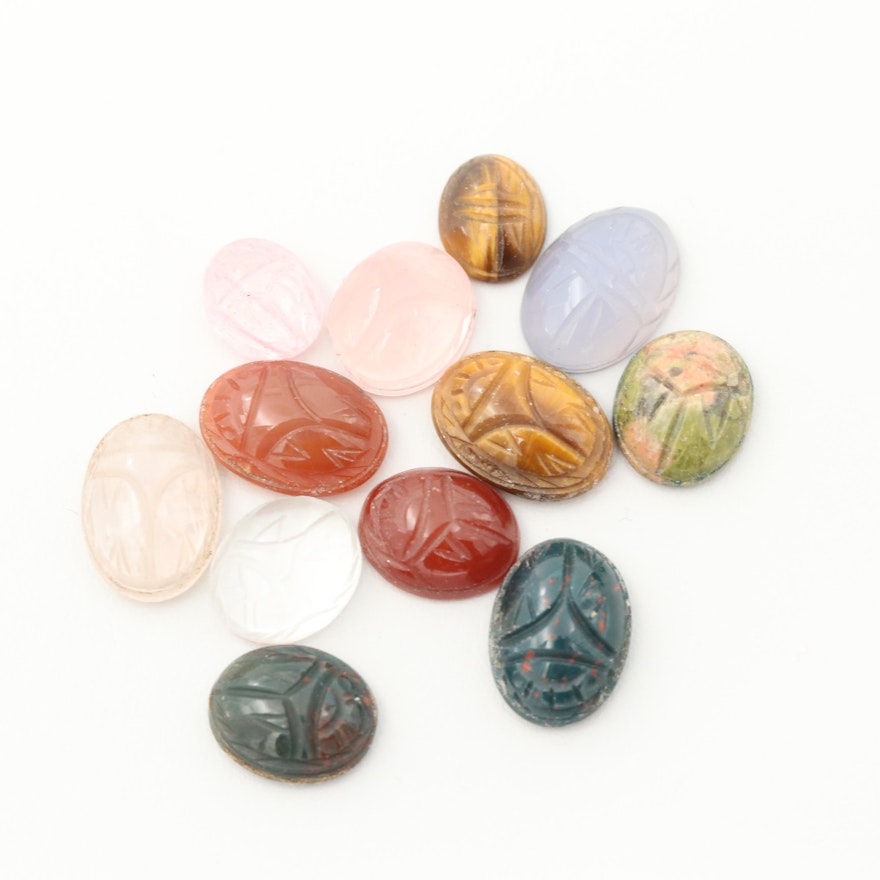 Loose Tiger's Eye, Rose Quartz, and Dyed Chalcedony Carved Scarab Gemstones