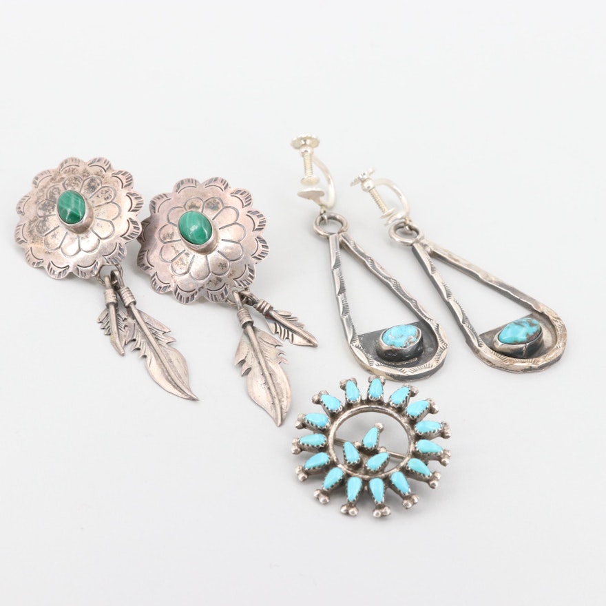 Southwestern Sterling Silver Turquoise and Malachite Earrings and Brooch