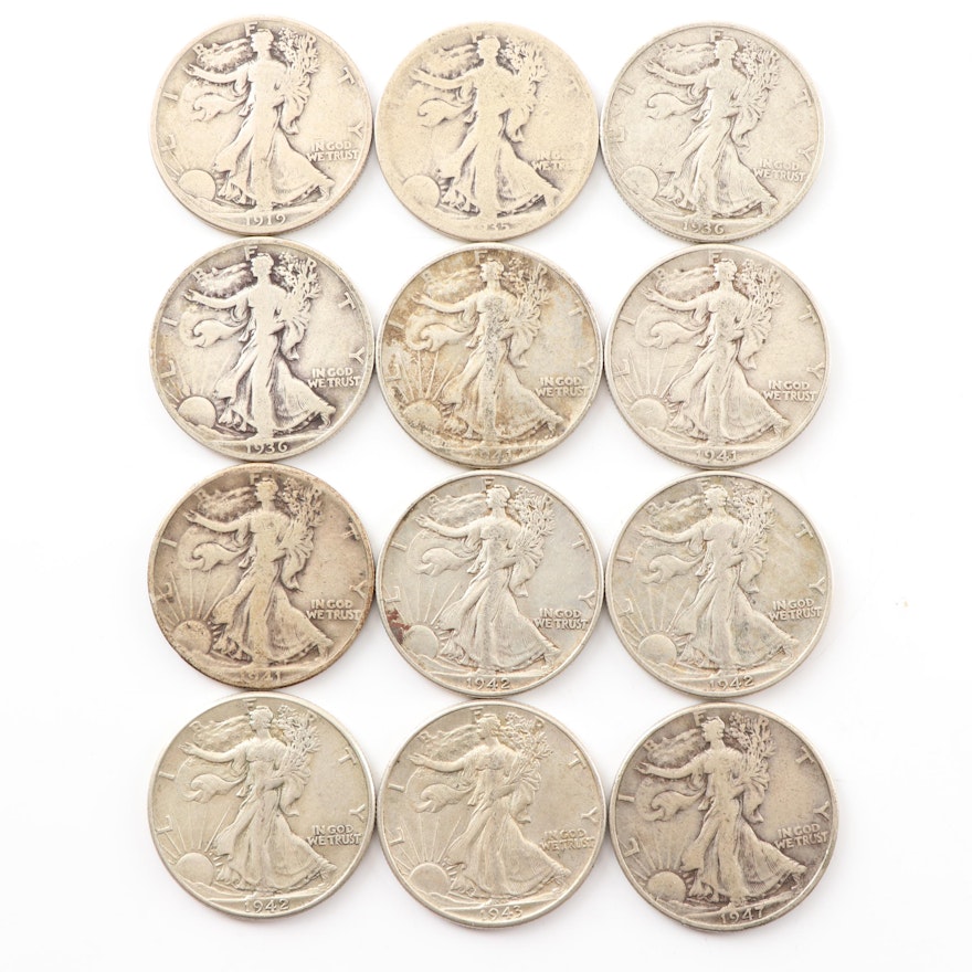 Twelve Walking Liberty Silver Half Dollar Coins