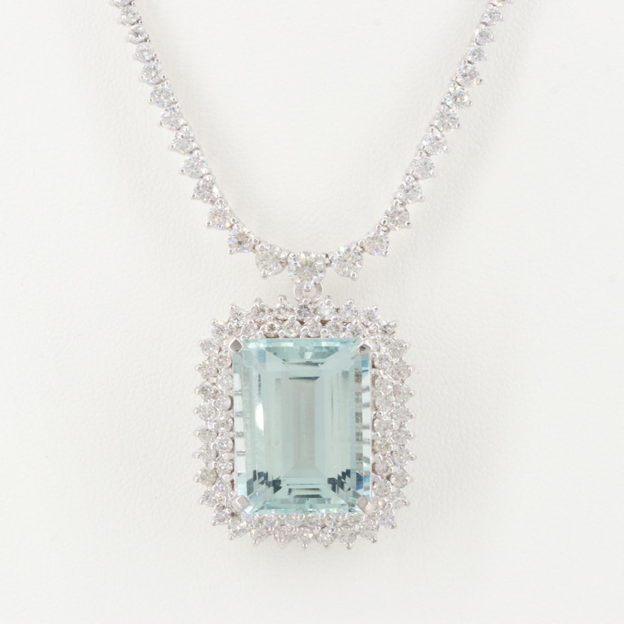 18K White Gold 20.12 CT Aquamarine and 8.53 CTW Diamond Pendant Necklace