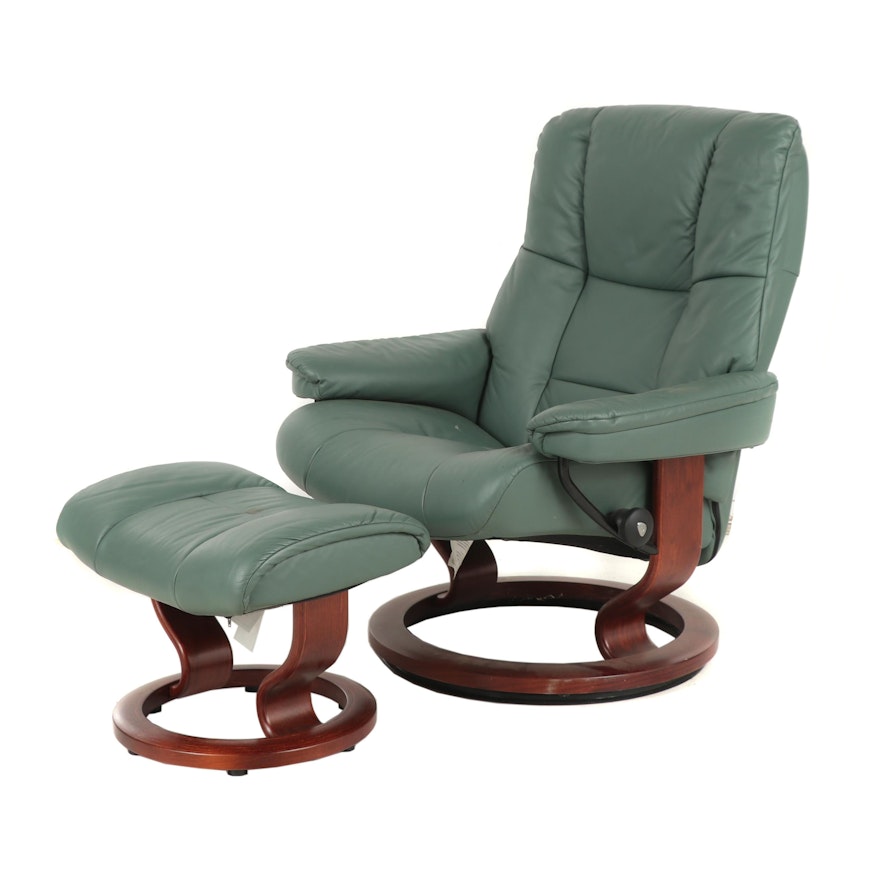 Contemporary Green Leather Recliner with Ottoman