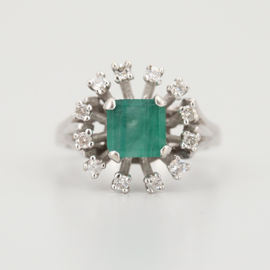 14K White Gold Emerald and Diamond Ring