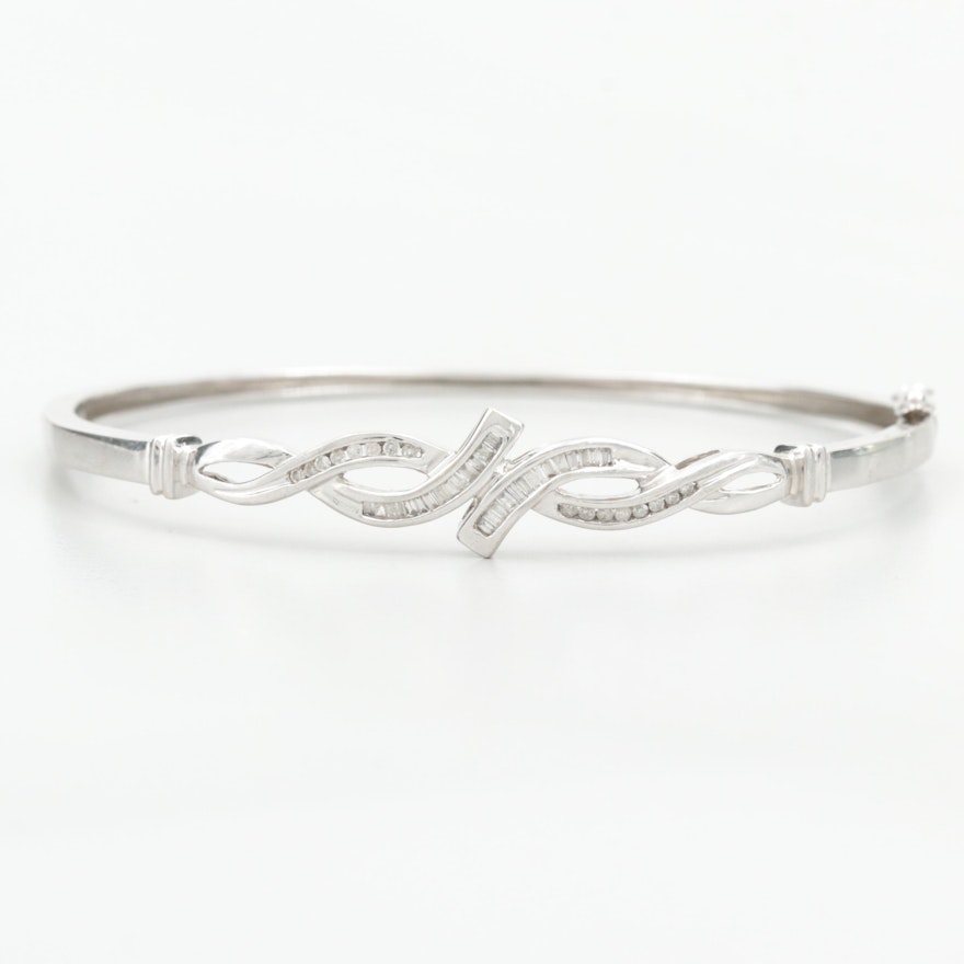 10K White Gold Diamond Hinged Bangle Bracelet