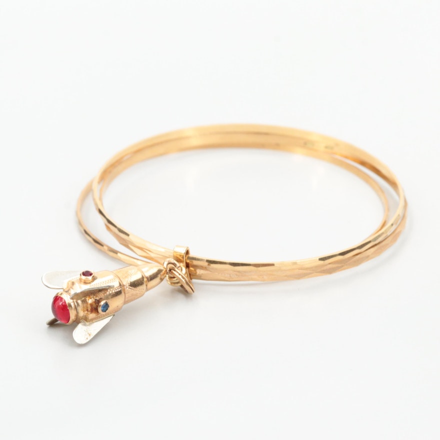 18K Yellow Gold Faceted Bangle Bracelets with Glass Rocketship Charm