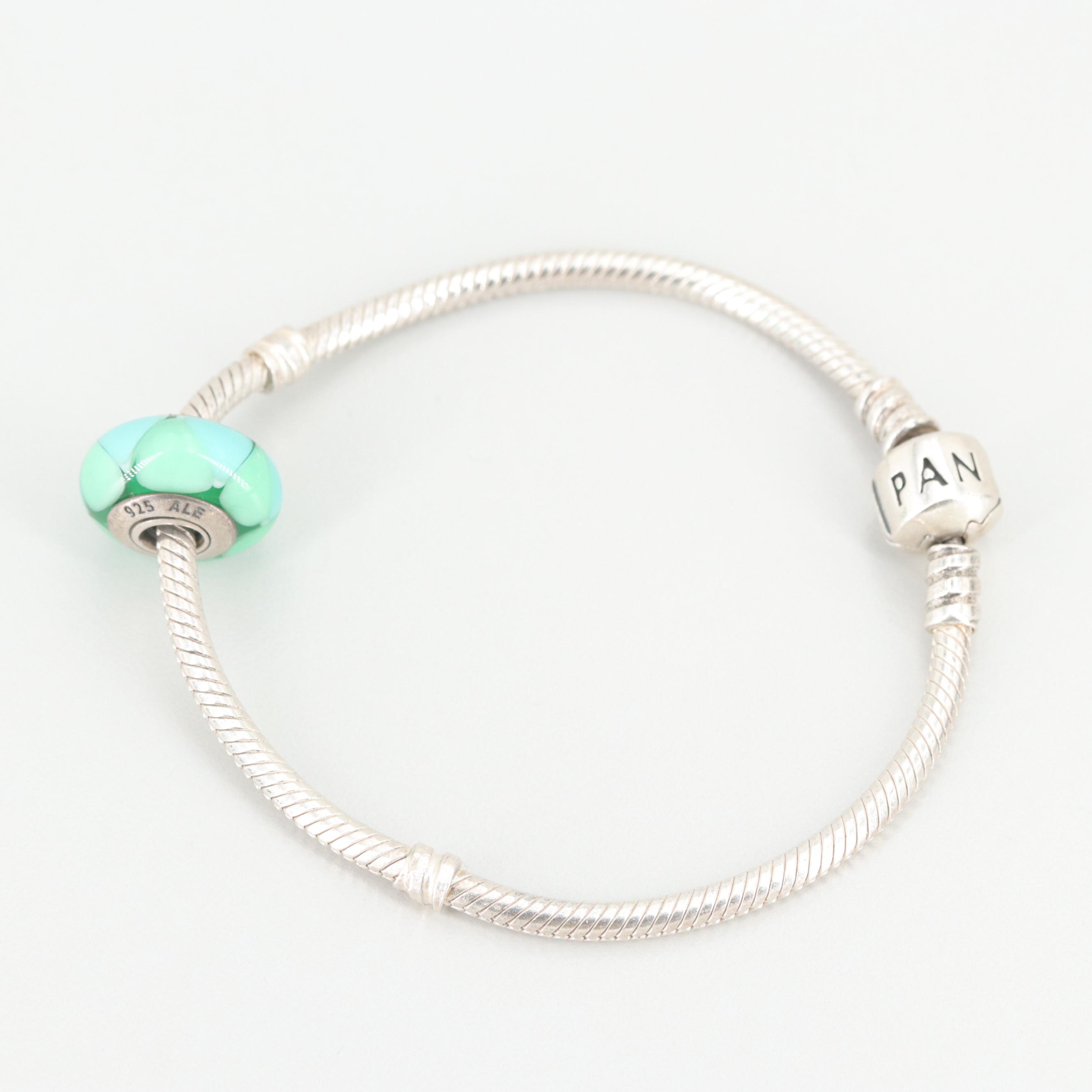 Pandora Sterling Silver Charm Bracelet Including Glass Charm