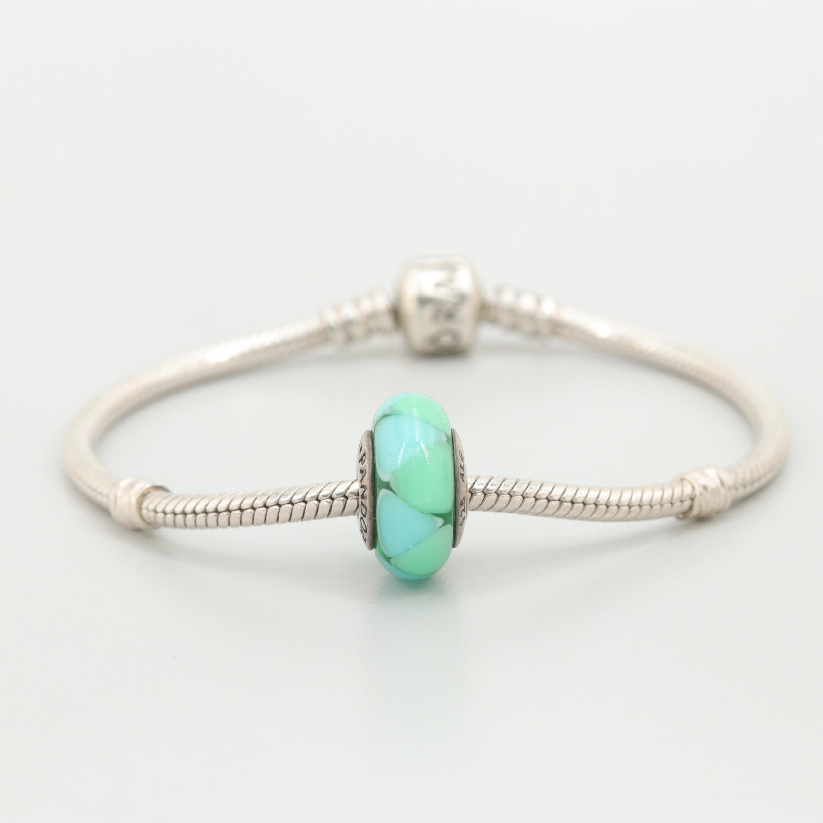 Pandora Sterling Silver Charm Bracelet Including Glass Charm