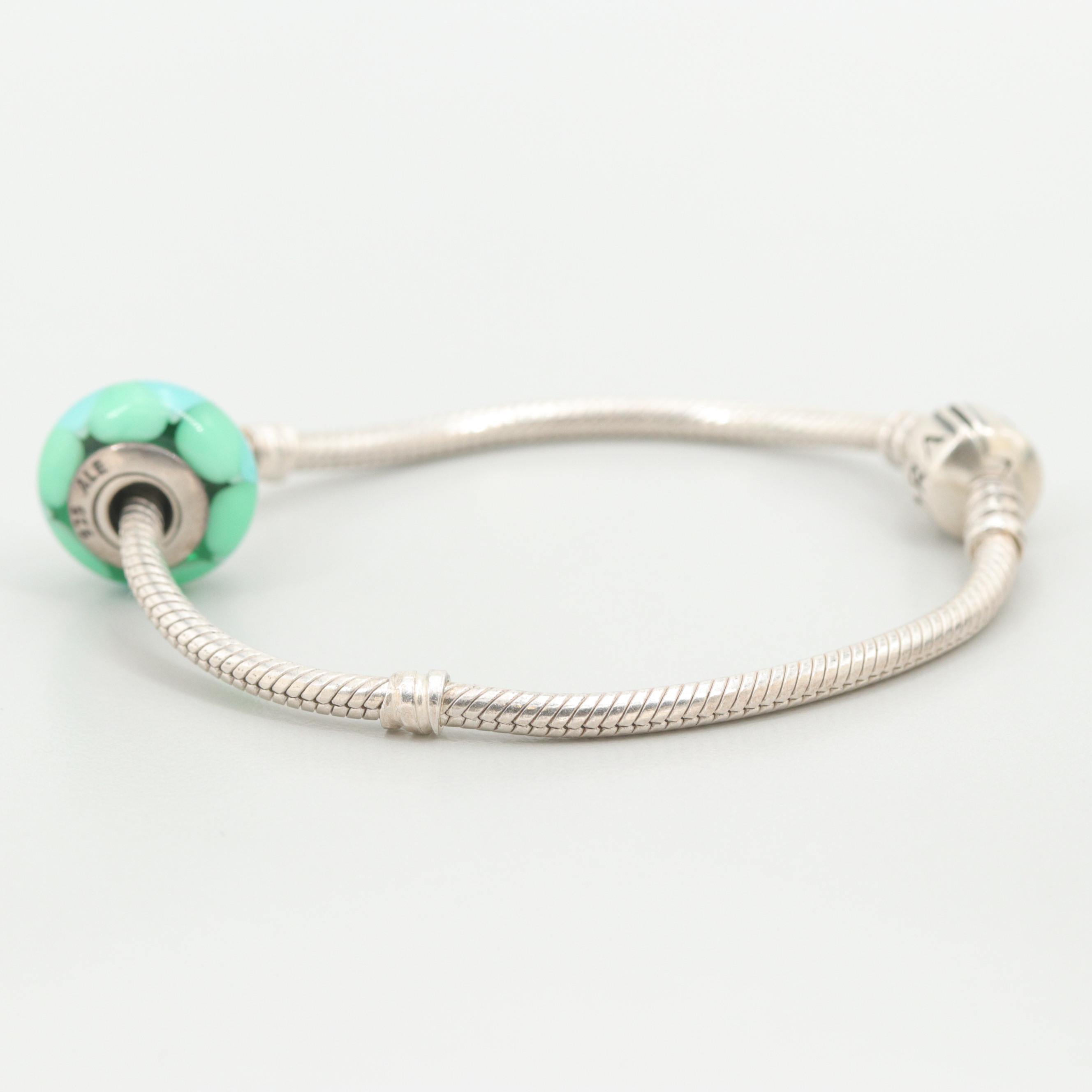 Pandora Sterling Silver Charm Bracelet Including Glass Charm