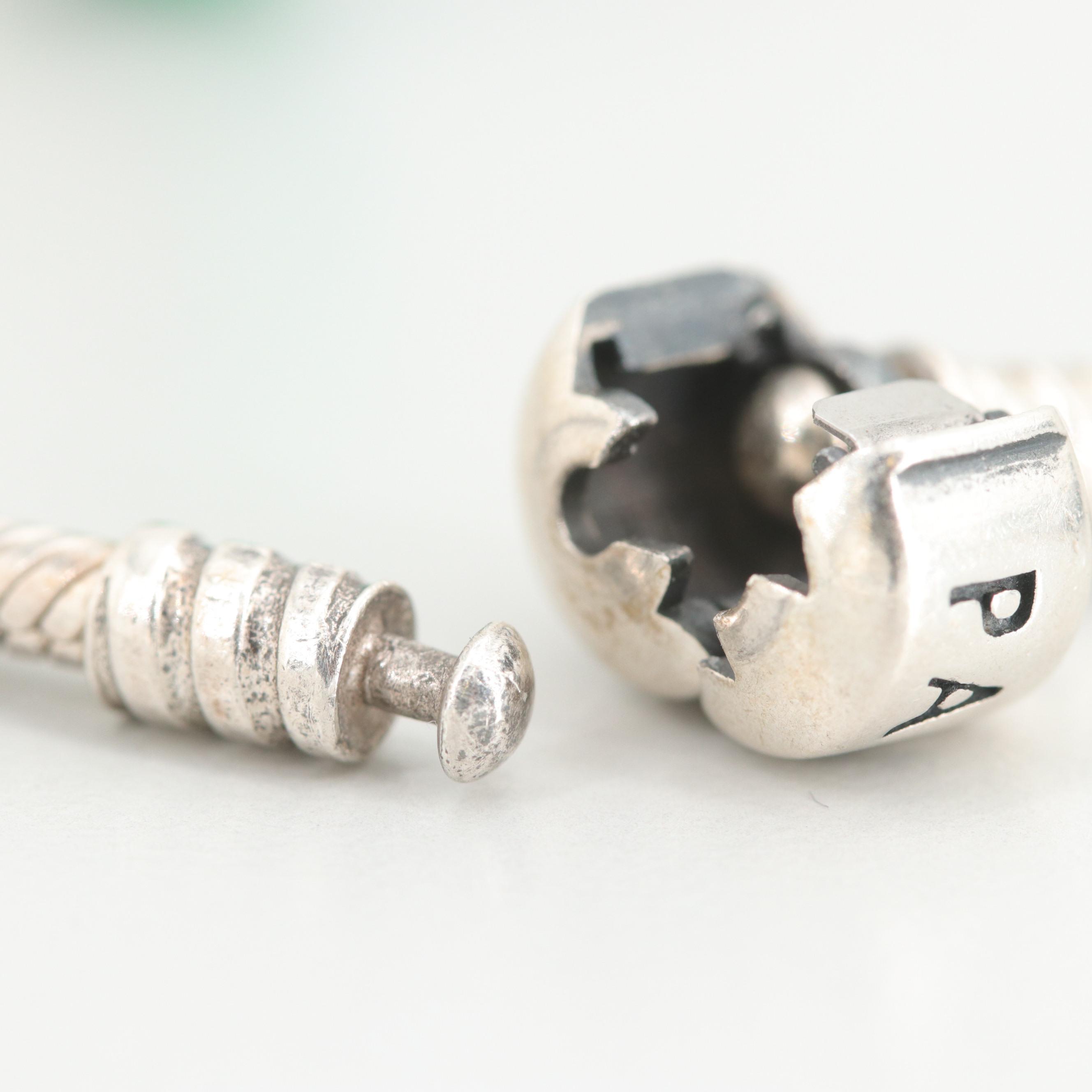 Pandora Sterling Silver Charm Bracelet Including Glass Charm