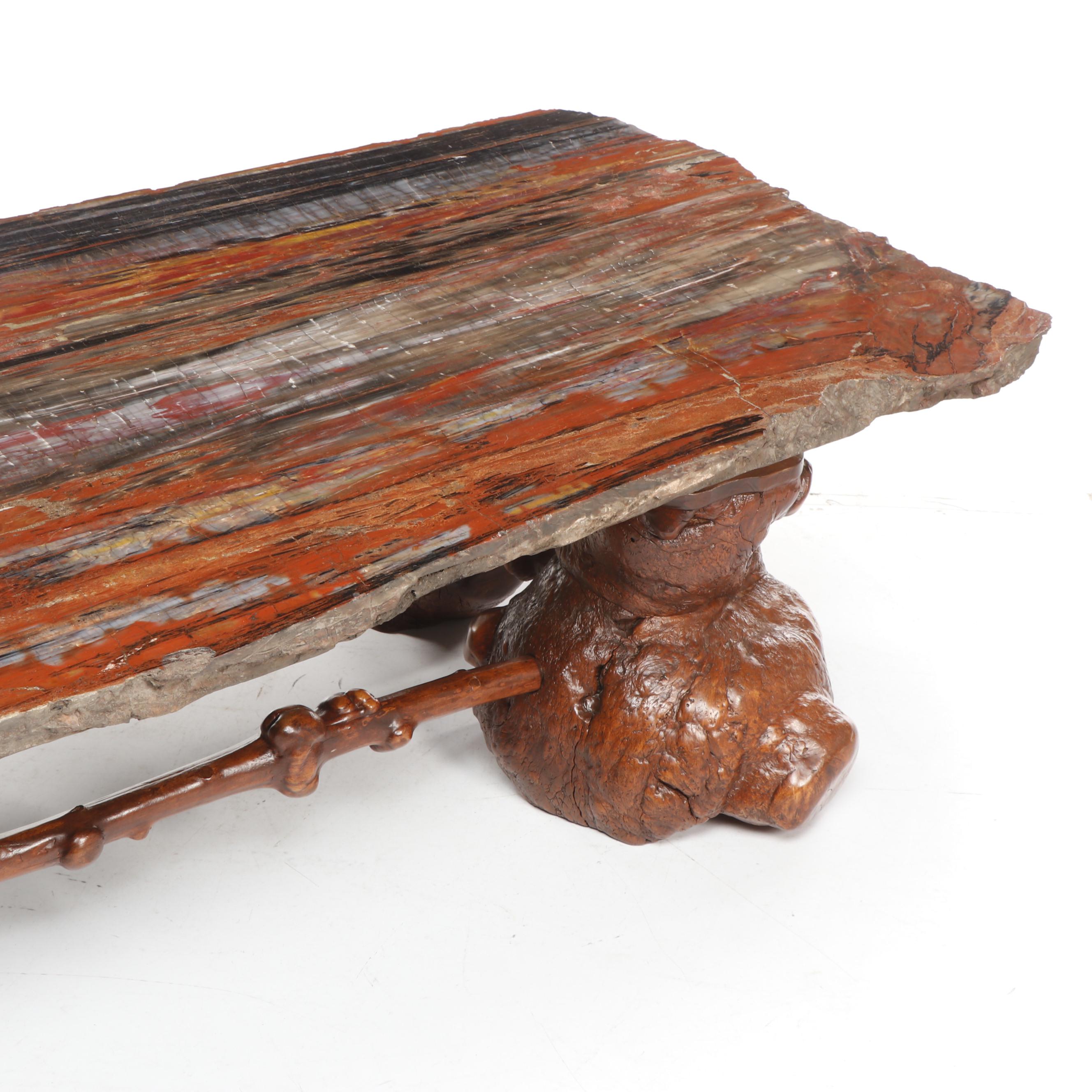 Russell-Zuhl Petrified Pine Coffee Table on Wood Burl Base, 1997