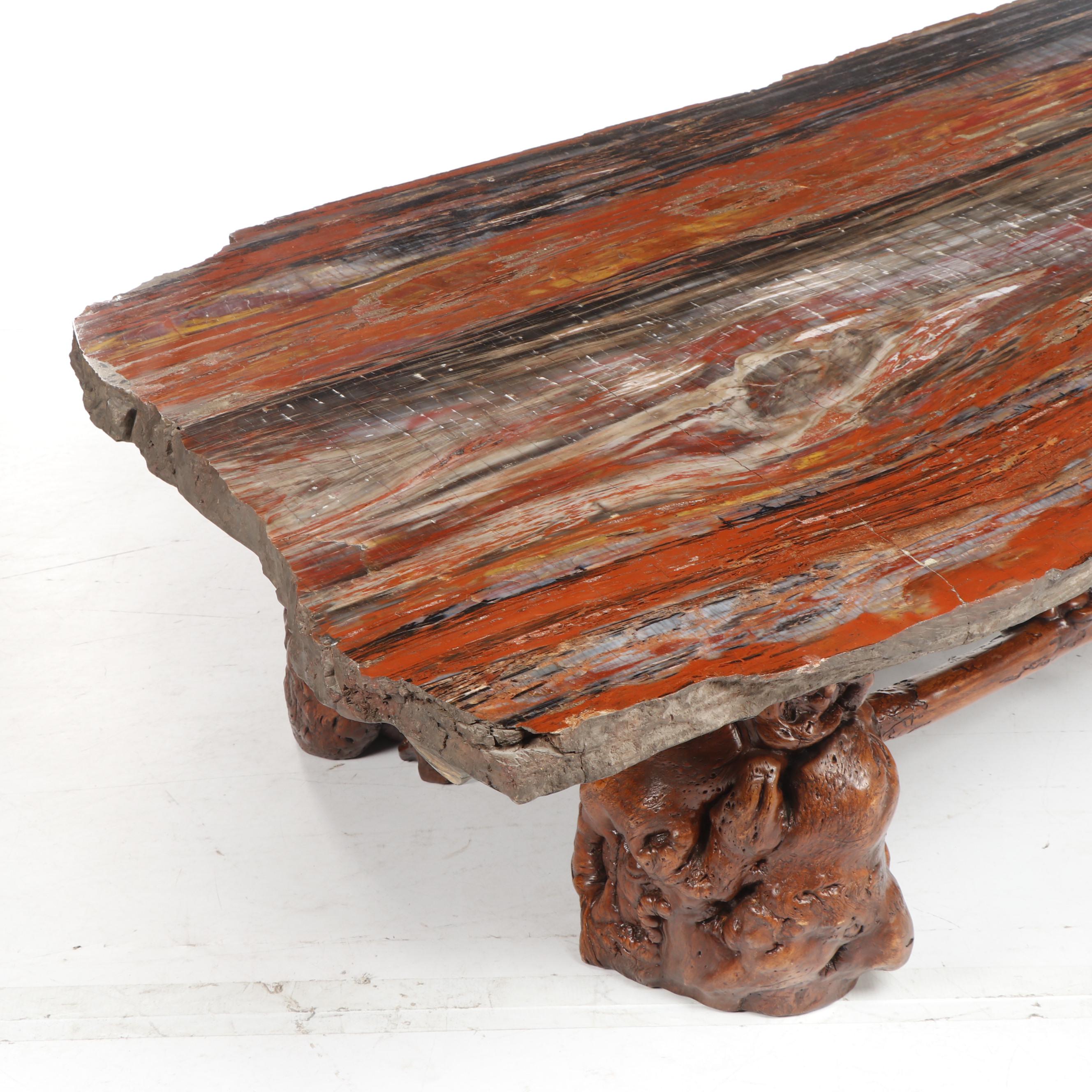 Russell-Zuhl Petrified Pine Coffee Table on Wood Burl Base, 1997